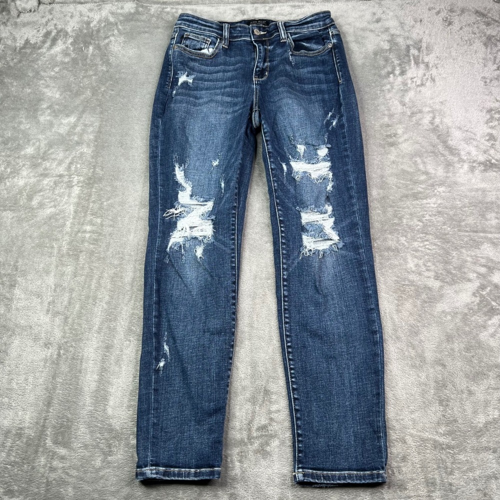 Judy Blue Skinny Jeans Womens 9/29 Dark Wash Distressed Shredded Stretch Denim